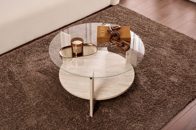 Hovedbilde Nordure Clara sofabord – Travertine/transparent