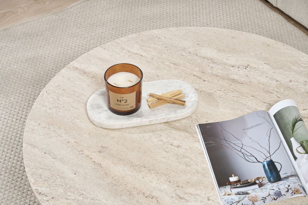 Nordure Soleil sofabord – Travertine/Venezia Walnut
