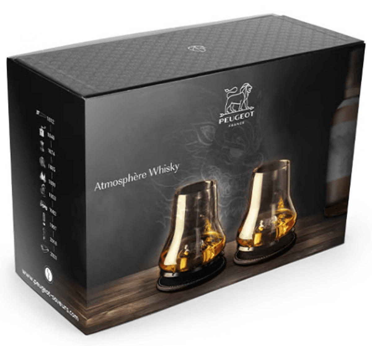 Peugeot Atmosphère Whisky Gavesett med 2 whiskyglass og 2 matte svarte kjølebaser